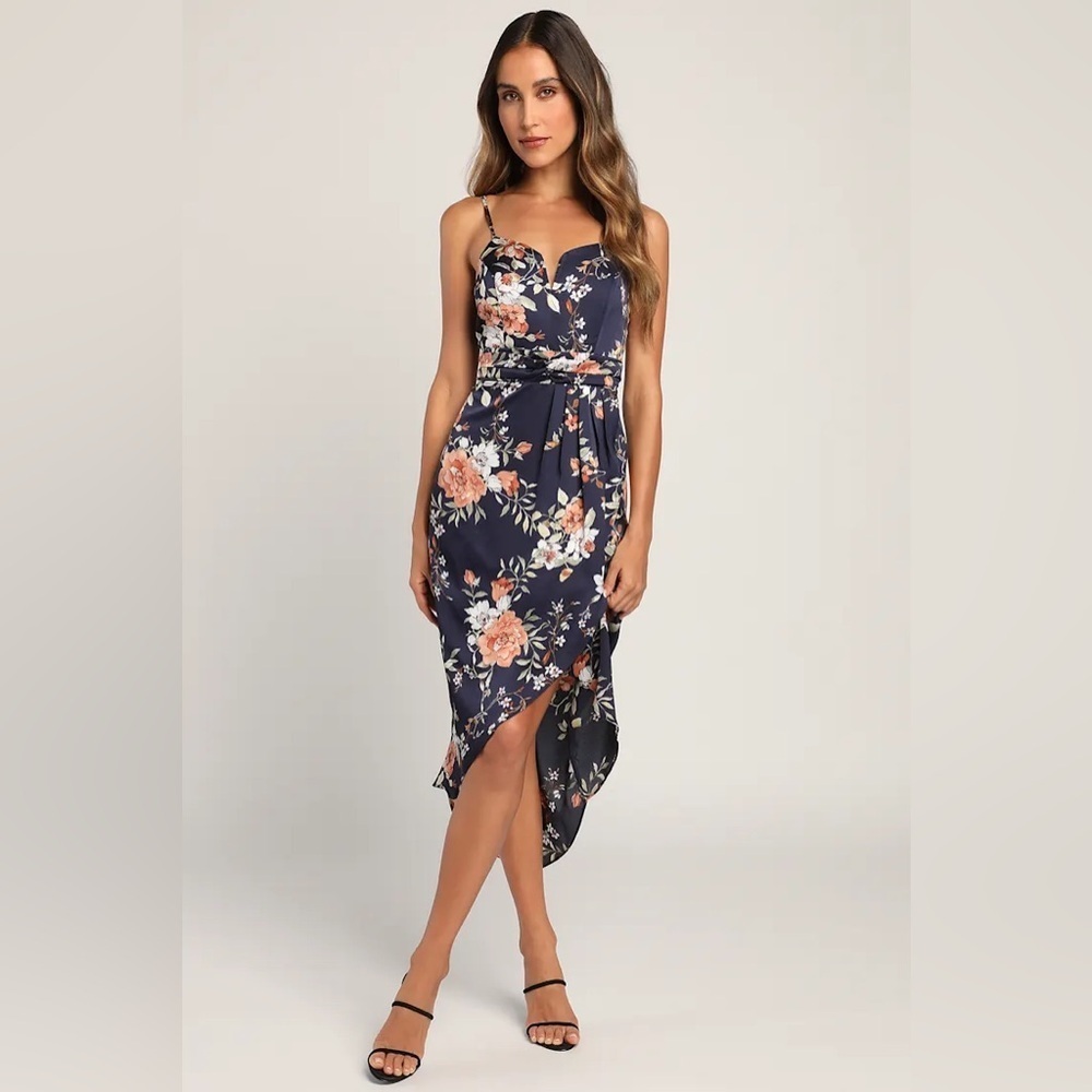 Lulus My Favorite Day Navy Blue Floral Print Tulip Skirt Midi Dress